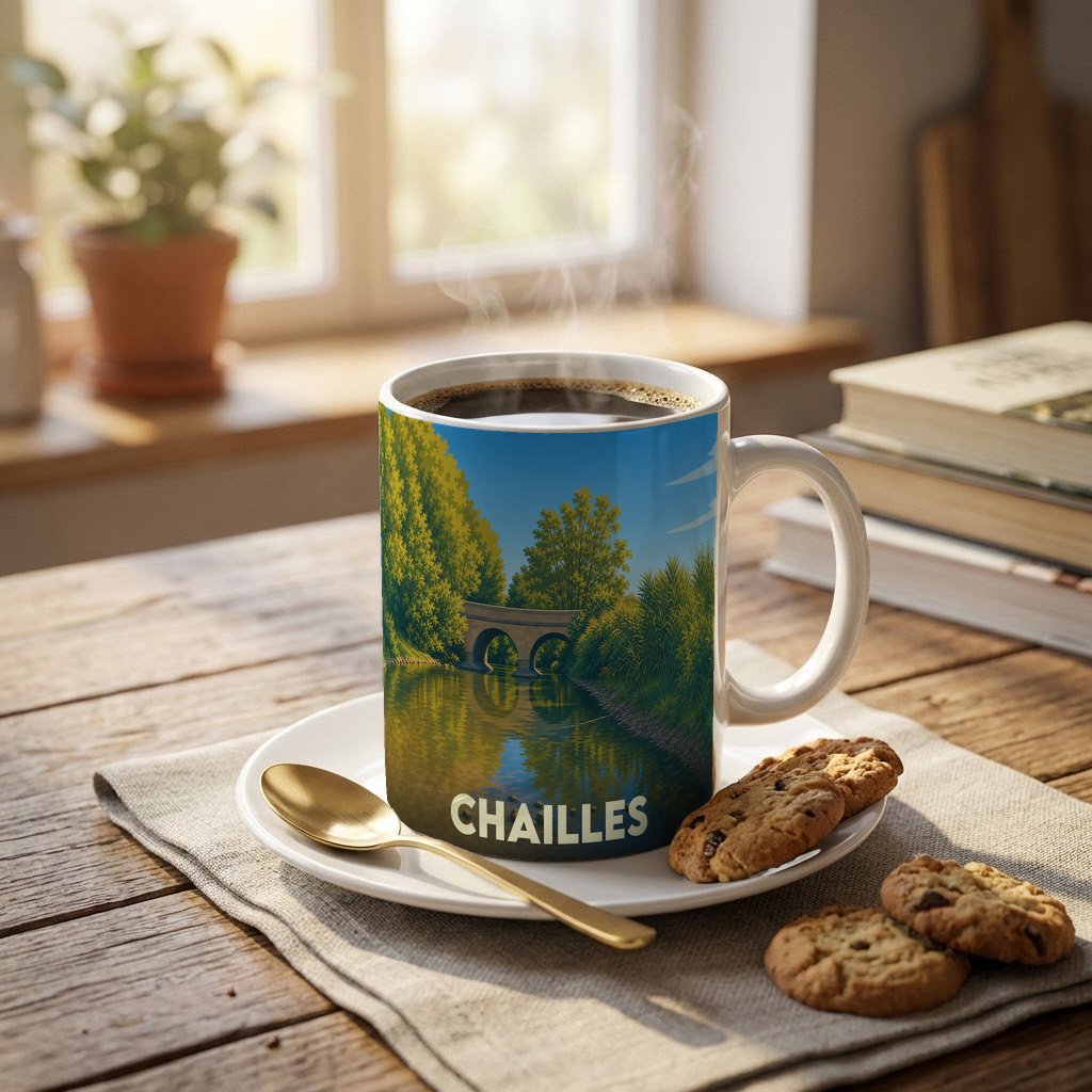 Mug souvenir de la ville de Chailles orné d'une illustration stylisée représentant un pont de pierre sur une rivière.