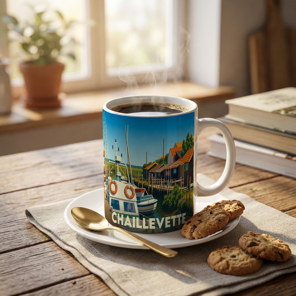 Mug souvenir de la ville de Chaillevette avec une illustration stylisée de son port ostréicole.