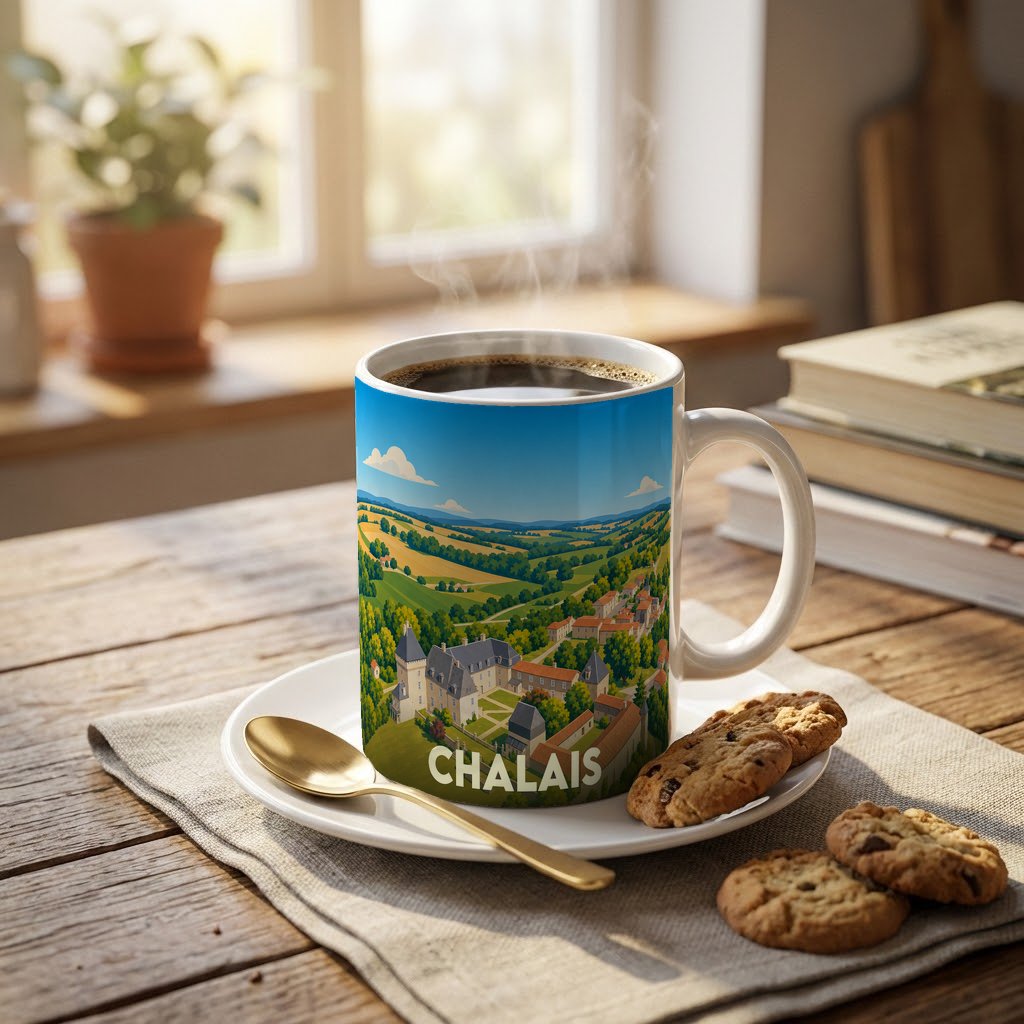 Mug souvenir de la ville de Chalais orné d'une illustration stylisée de son château et de ses paysages vallonnés.