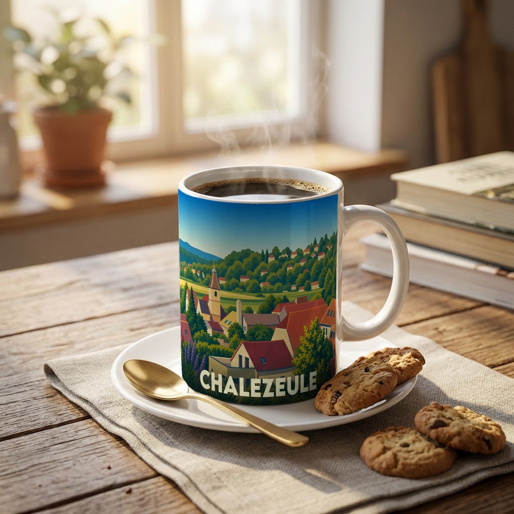 Mug souvenir de la ville de Chalezeule avec une illustration de paysage stylisée.