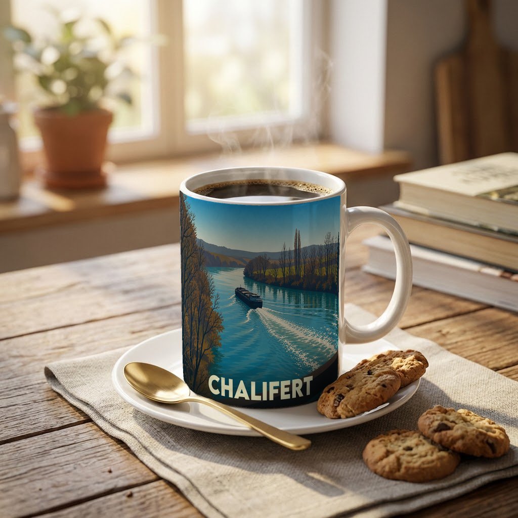 Mug souvenir de la ville de Chalifert avec une illustration stylisée d'un bateau sur la Marne.
