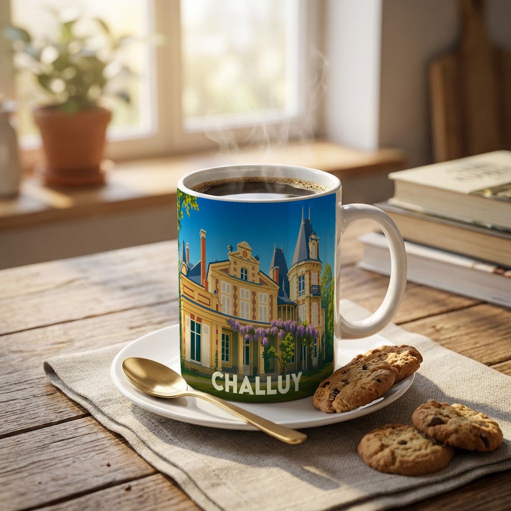 Mug souvenir de la ville de Challuy orné d'une illustration stylisée d'un manoir.