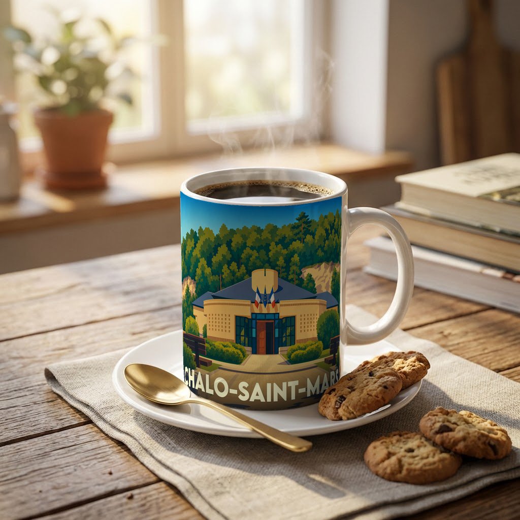 Mug souvenir de la ville de Chalo-Saint-Mars avec une illustration stylisée de son hôtel de ville.