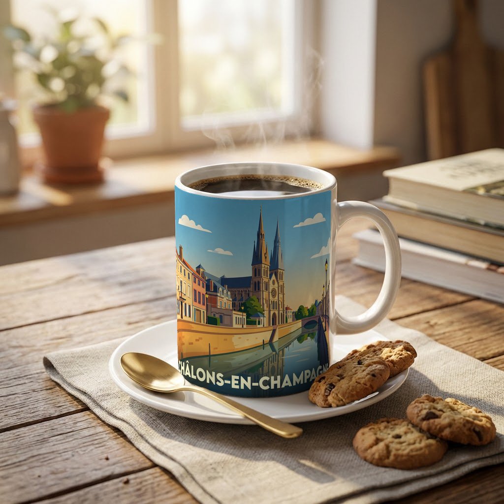 Mug souvenir de la ville de Châlons-en-Champagne avec une illustration stylisée.