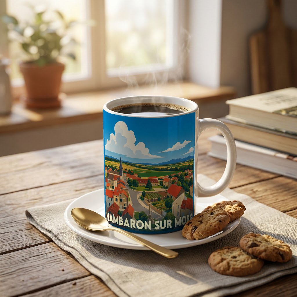 Mug souvenir de la ville de Chambaron-sur-Morge illustré d'un paysage urbain stylisé et coloré.
