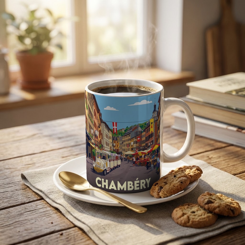 Mug souvenir de la ville de Chambéry avec une illustration stylisée.