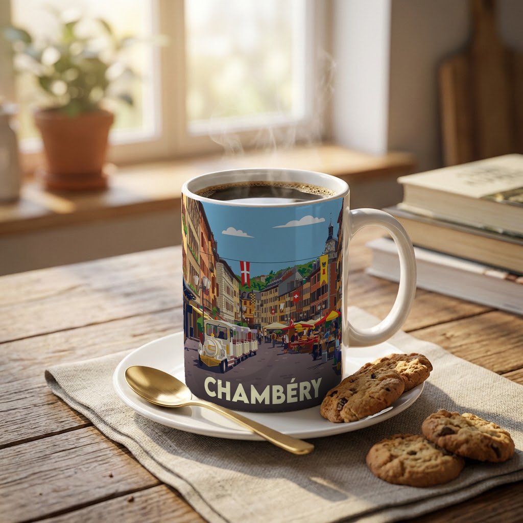 Mug souvenir de la ville de Chambéry avec une illustration stylisée.