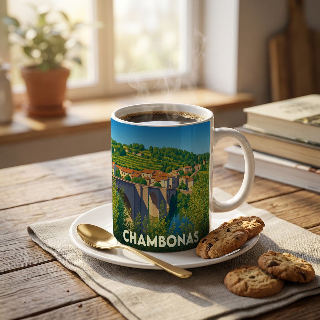 Mug souvenir de la ville de Chambonas avec une illustration stylisée d'un pont en pierre.