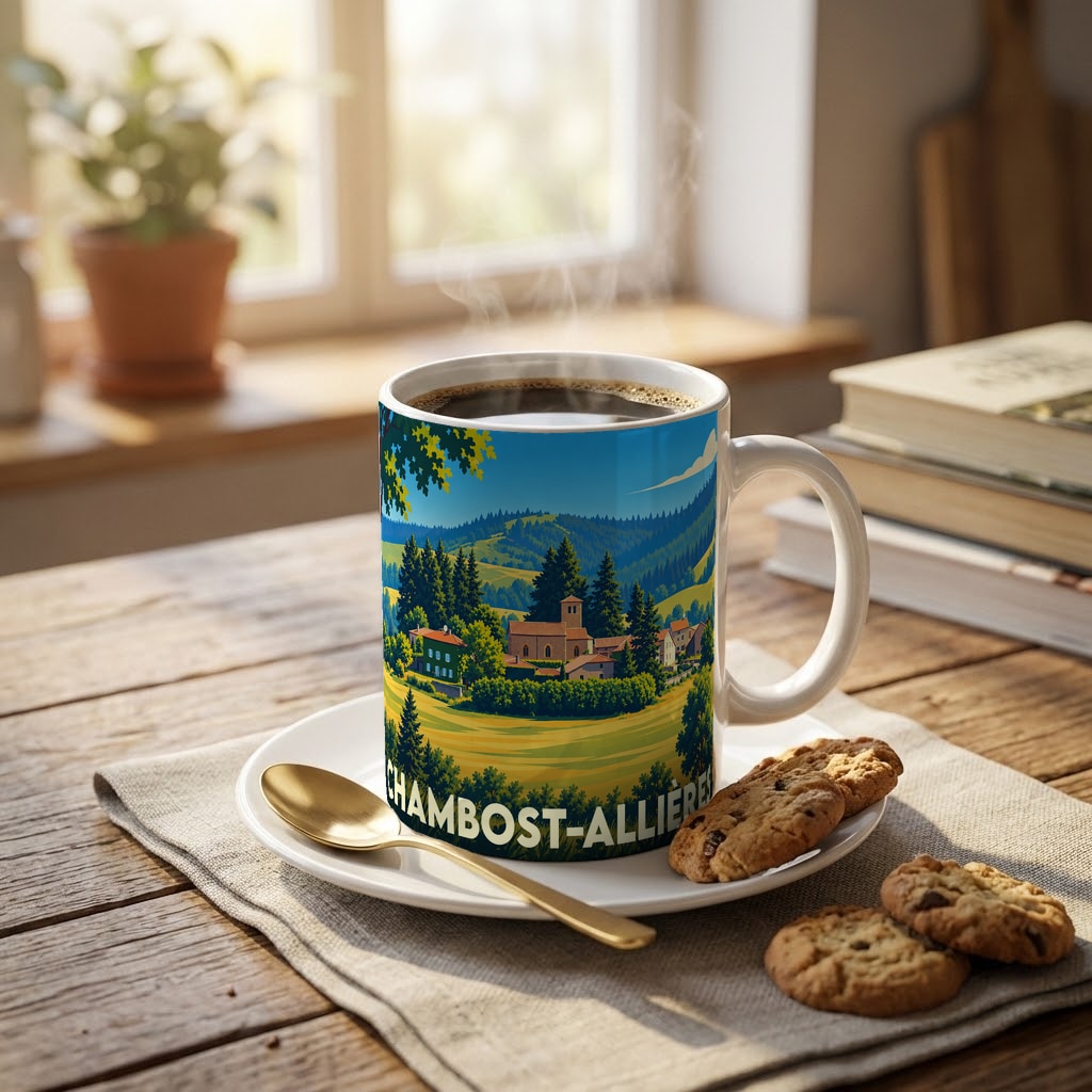 Mug souvenir de la ville de Chambost-Allières avec une illustration paysagère stylisée.