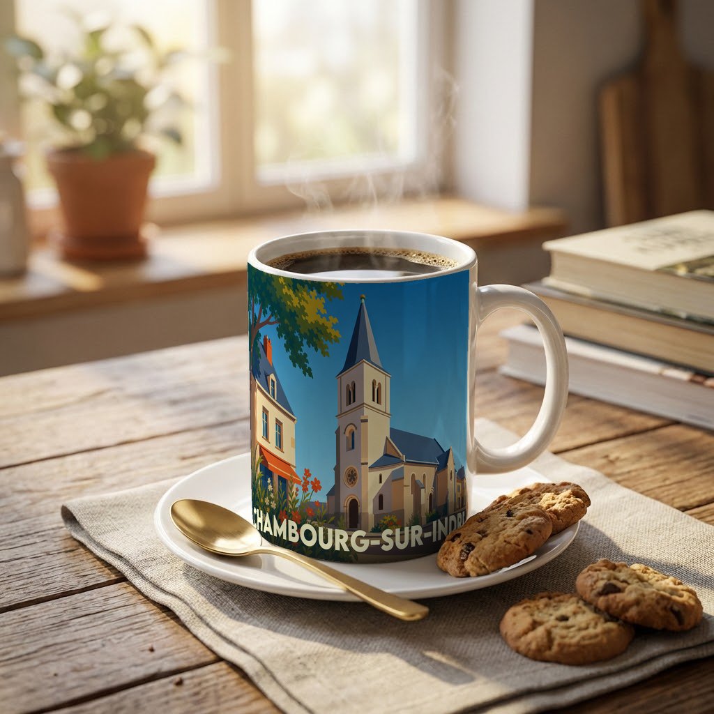 Mug souvenir de la ville de Chambourg-sur-Indre orné d'une illustration stylisée de son église et de ses maisons.