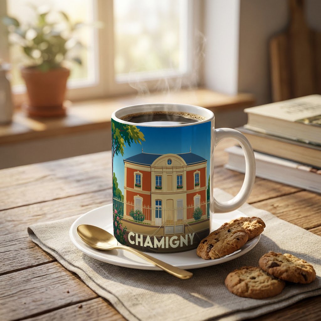 Mug souvenir de la ville de Chamigny illustré d'une demeure bourgeoise stylisée, posé sur une table avec café et biscuits.