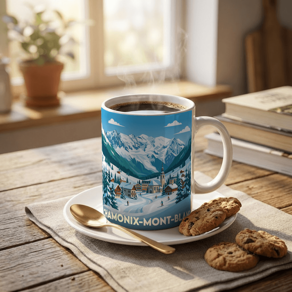 Mug souvenir de la ville de Chamonix-Mont-Blanc avec une illustration stylisée de montagne.