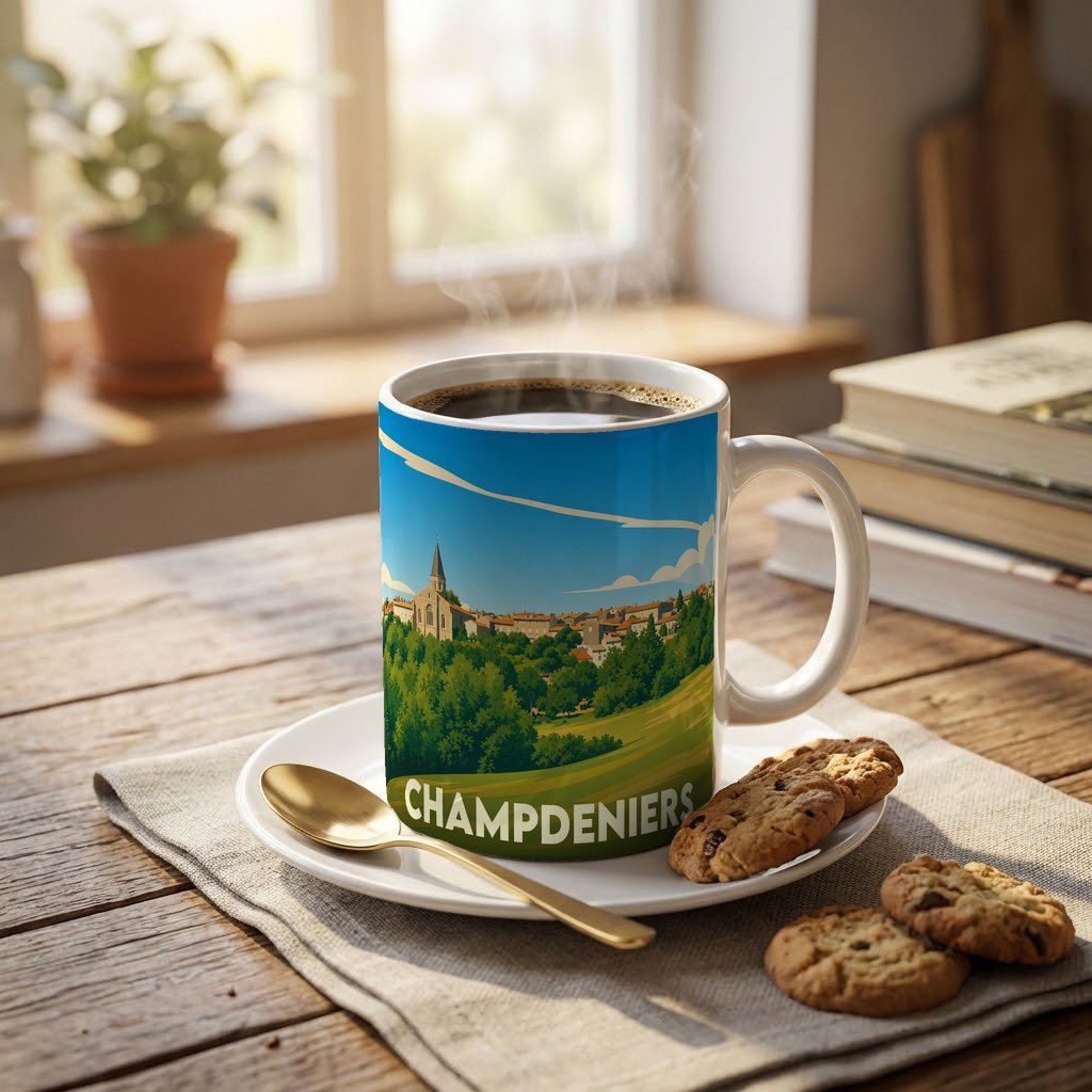 Mug souvenir de la ville de Champdeniers avec une illustration paysagère stylisée.