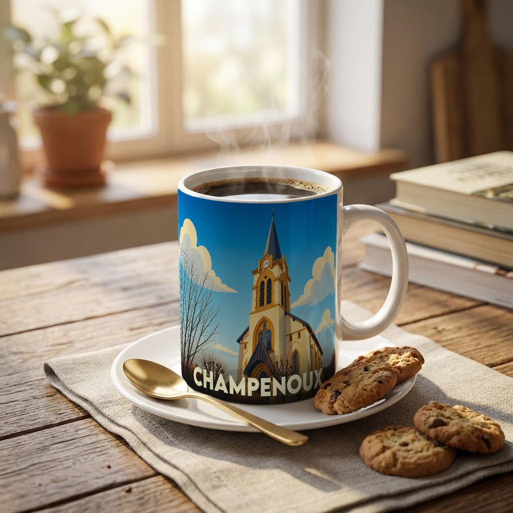 Mug souvenir de la ville de Champenoux illustré par une église stylisée sous un ciel bleu.