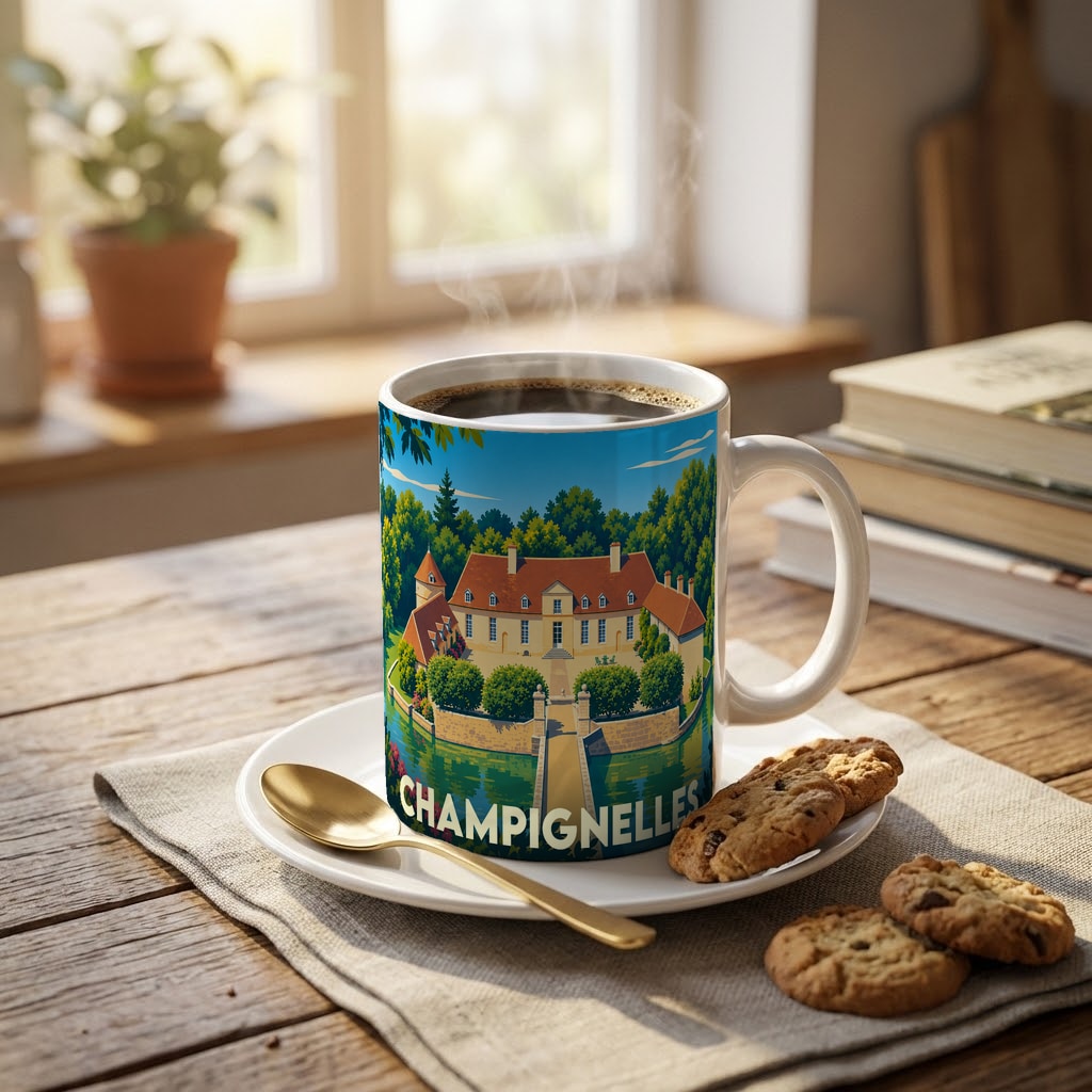 Mug souvenir de la ville de Champignelles orné d'une illustration stylisée de son château.