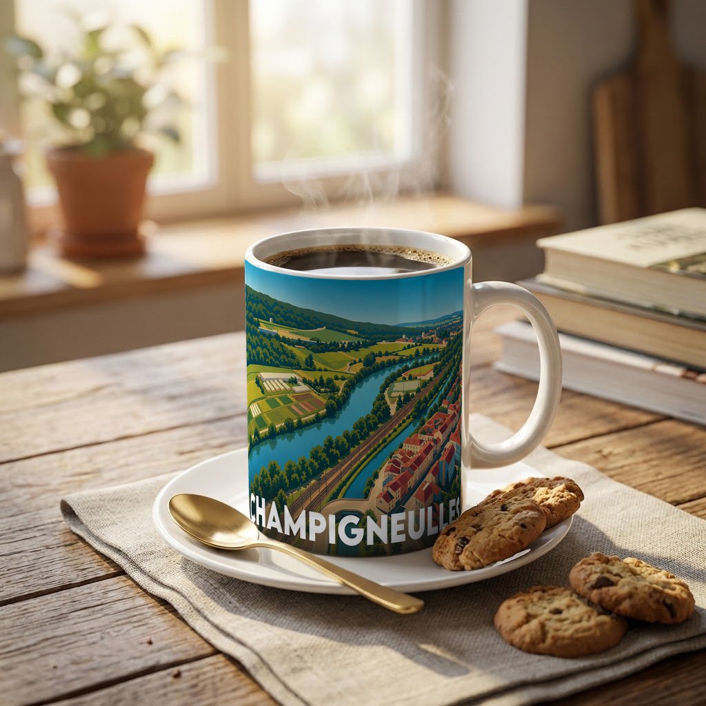 Mug souvenir de la ville de Champigneulles avec une illustration panoramique stylisée.