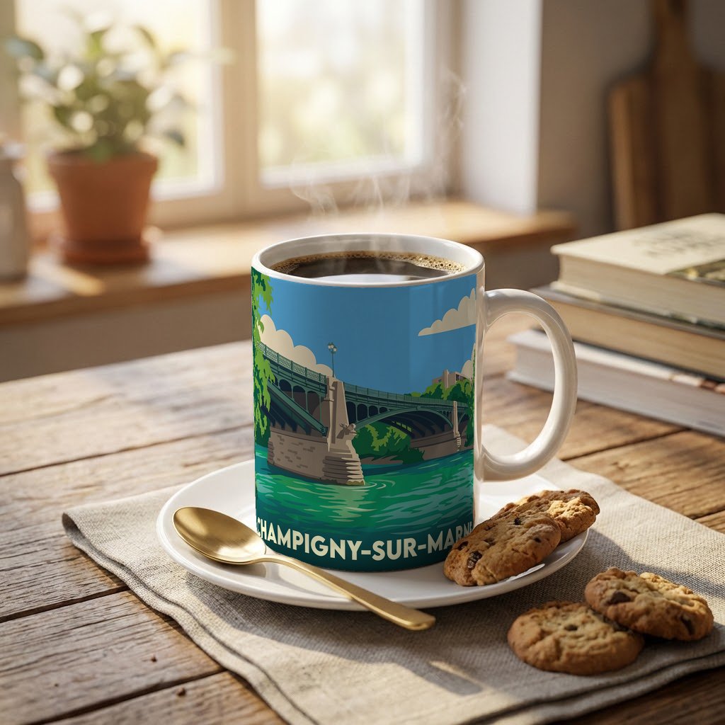 Mug souvenir de la ville de Champigny-sur-Marne avec une illustration stylisée.