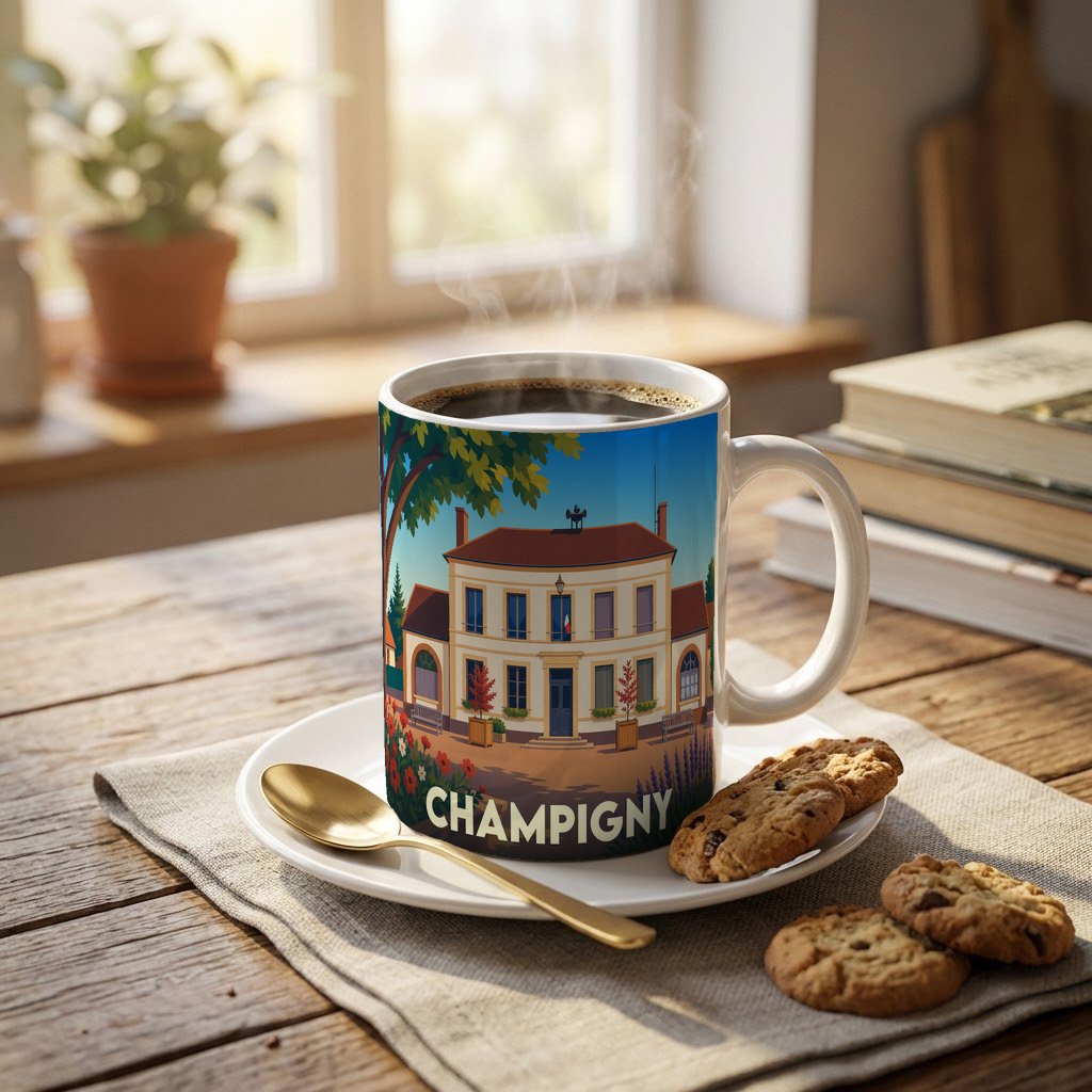 Mug souvenir de la ville de Champigny orné d'une illustration stylisée de sa mairie.