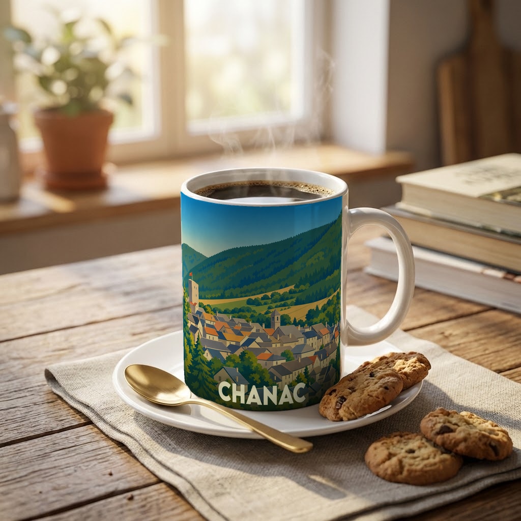 Mug souvenir de la ville de Chanac orné d'une illustration stylisée de ses paysages et habitations.