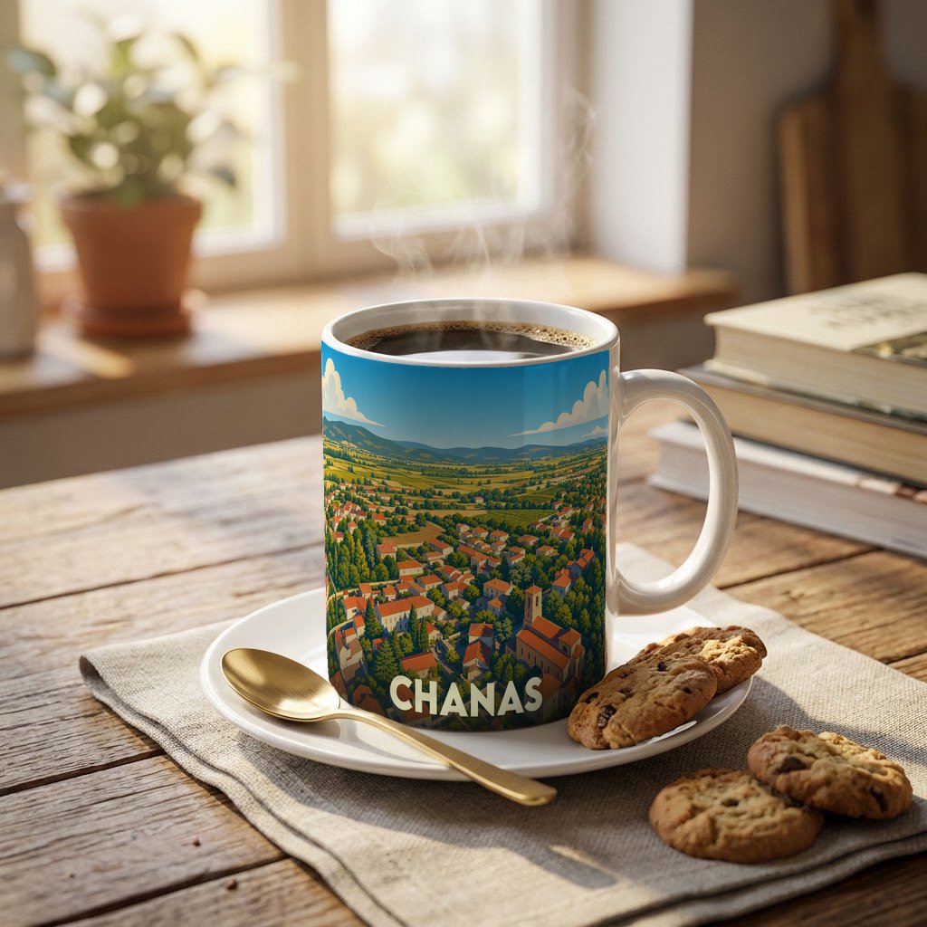 Mug souvenir de la ville de Chanas orné d'une illustration panoramique colorée.