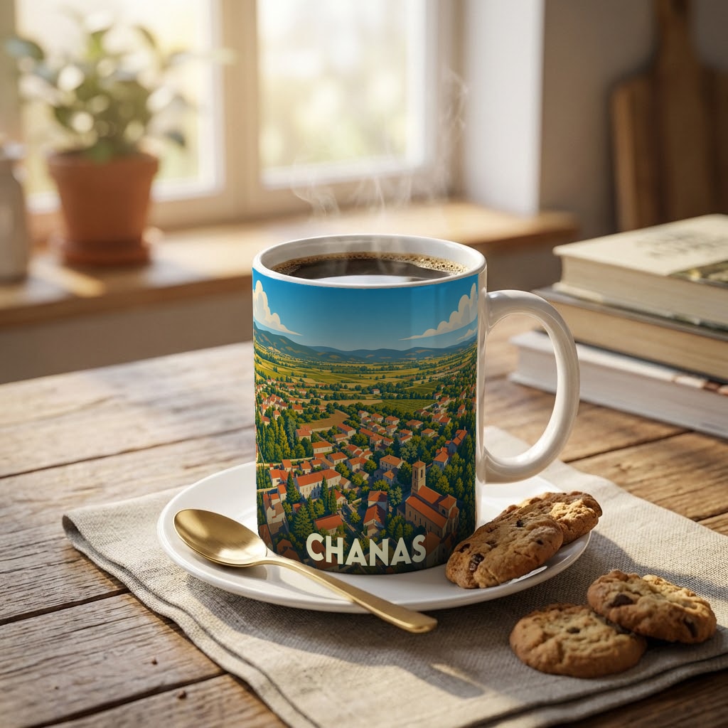 Mug souvenir de la ville de Chanas orné d'une illustration panoramique colorée.