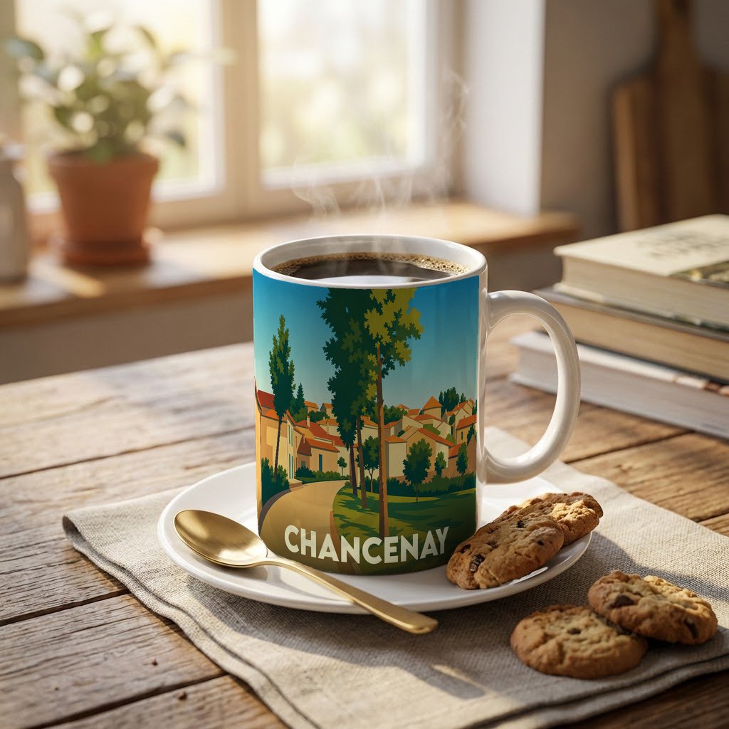 Mug souvenir de la ville de Chancenay avec une illustration stylisée d'un paysage urbain arboré.