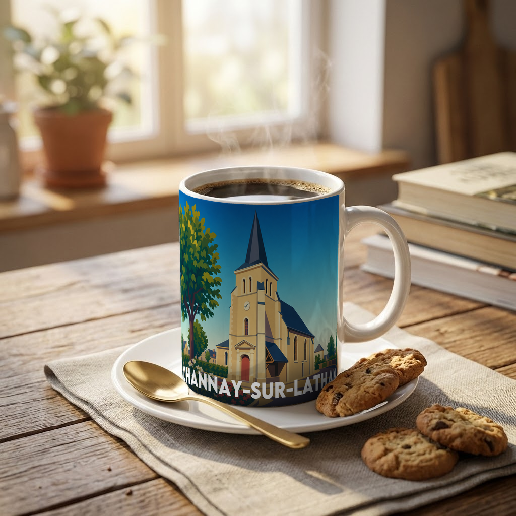 Mug souvenir de la ville de Channay-sur-Lathan avec une illustration stylisée de son église.