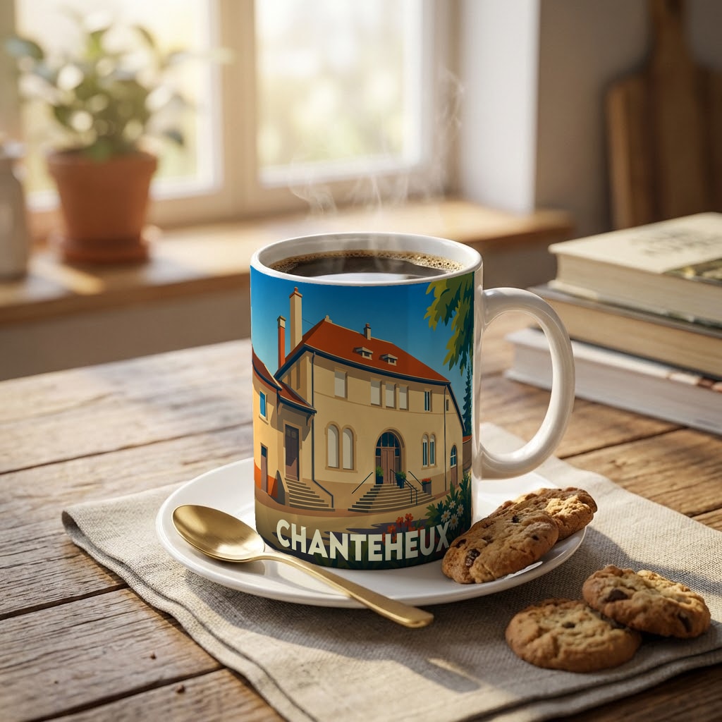 Mug souvenir de la ville de Chanteheux avec une illustration stylisée d'un bâtiment emblématique.