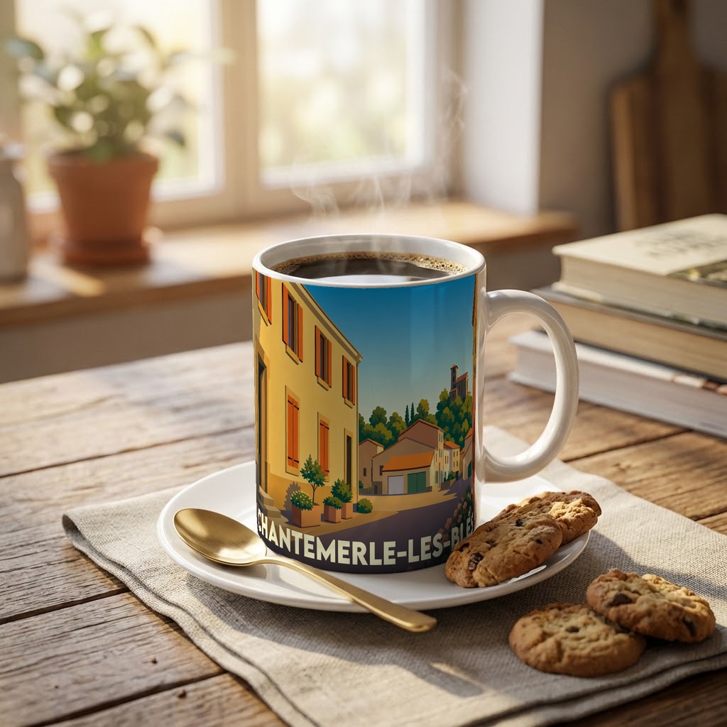 Mug souvenir de la ville de Chantemerle-les-Blés orné d'une illustration colorée et stylisée de ses rues.