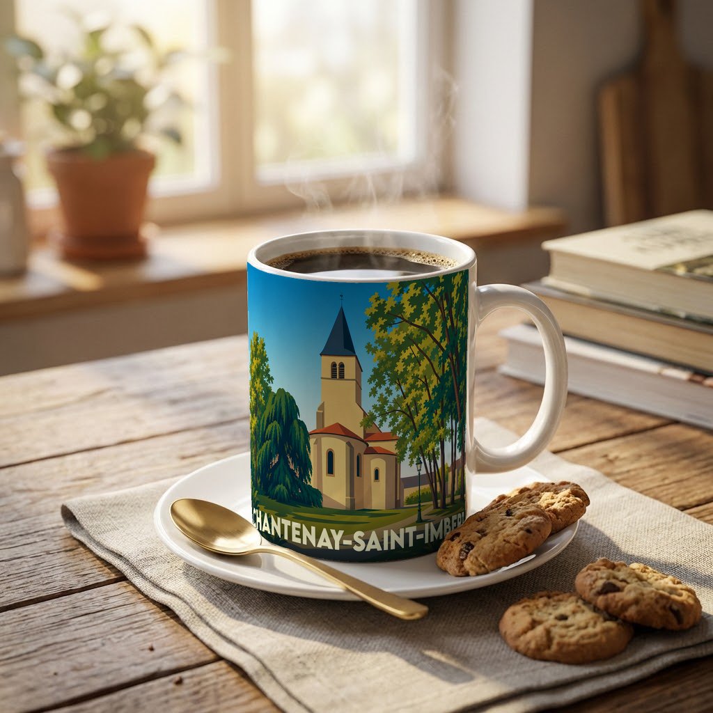 Mug souvenir de la ville de Chantenay-Saint-Imbert illustré d'une église de style rétro.