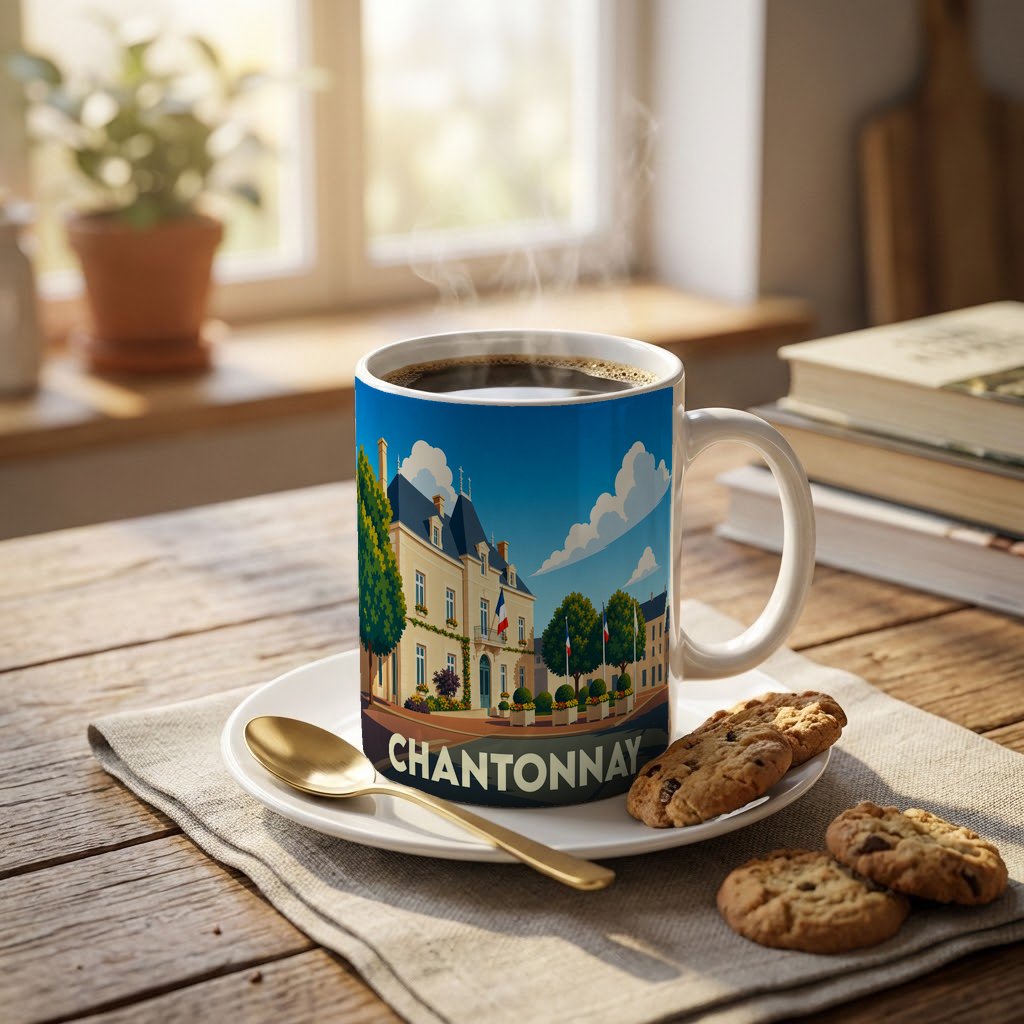 Mug souvenir de la ville de Chantonnay orné d'une illustration stylisée de son hôtel de ville.