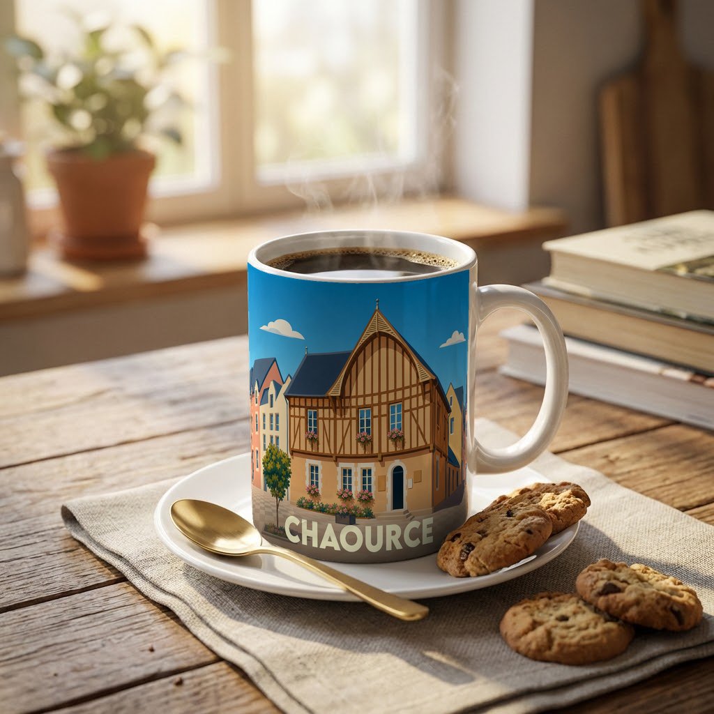 Mug souvenir de la ville de Chaource avec une illustration stylisée d'une maison à colombages.