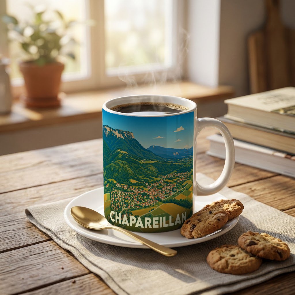 Mug souvenir de la ville de Chapareillan orné d'une illustration paysagère stylisée.