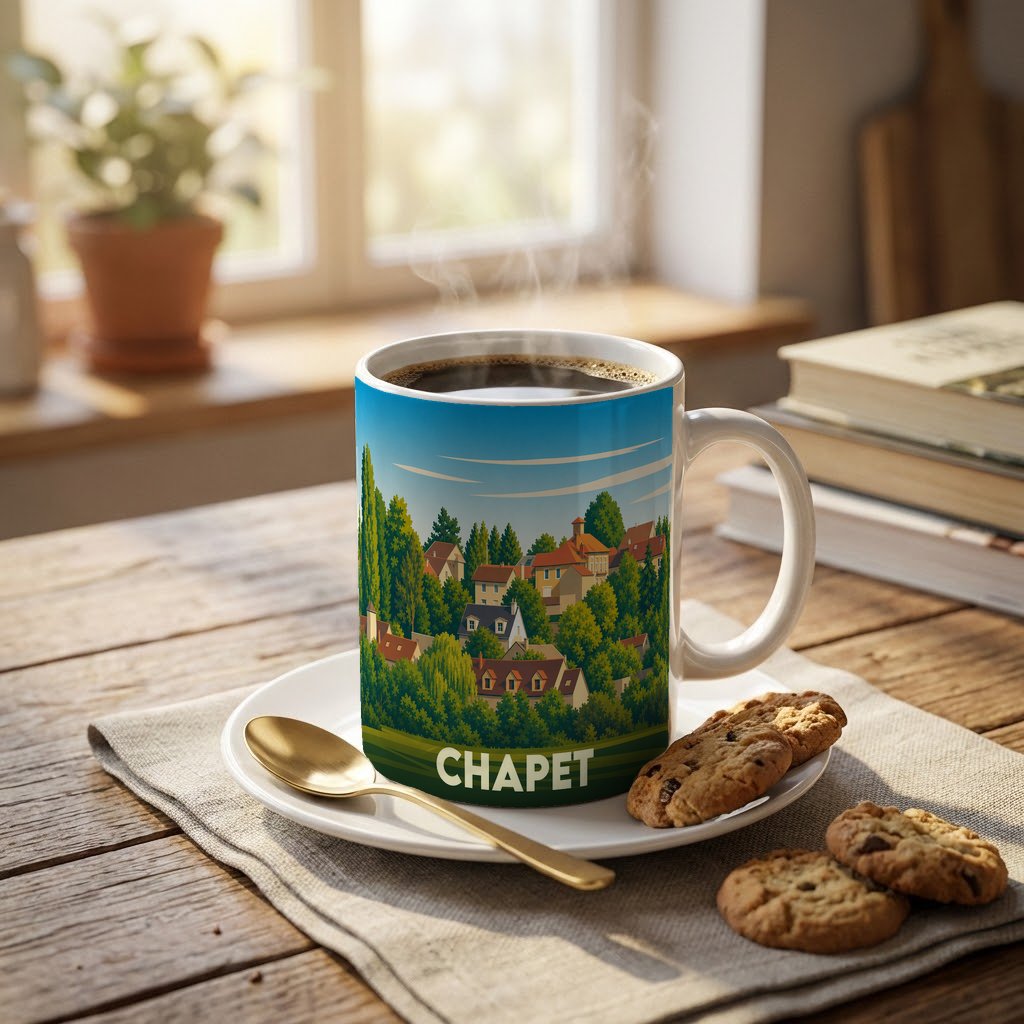 Mug souvenir de la ville de Chapet orné d'une illustration stylisée de ses maisons et paysages verdoyants.