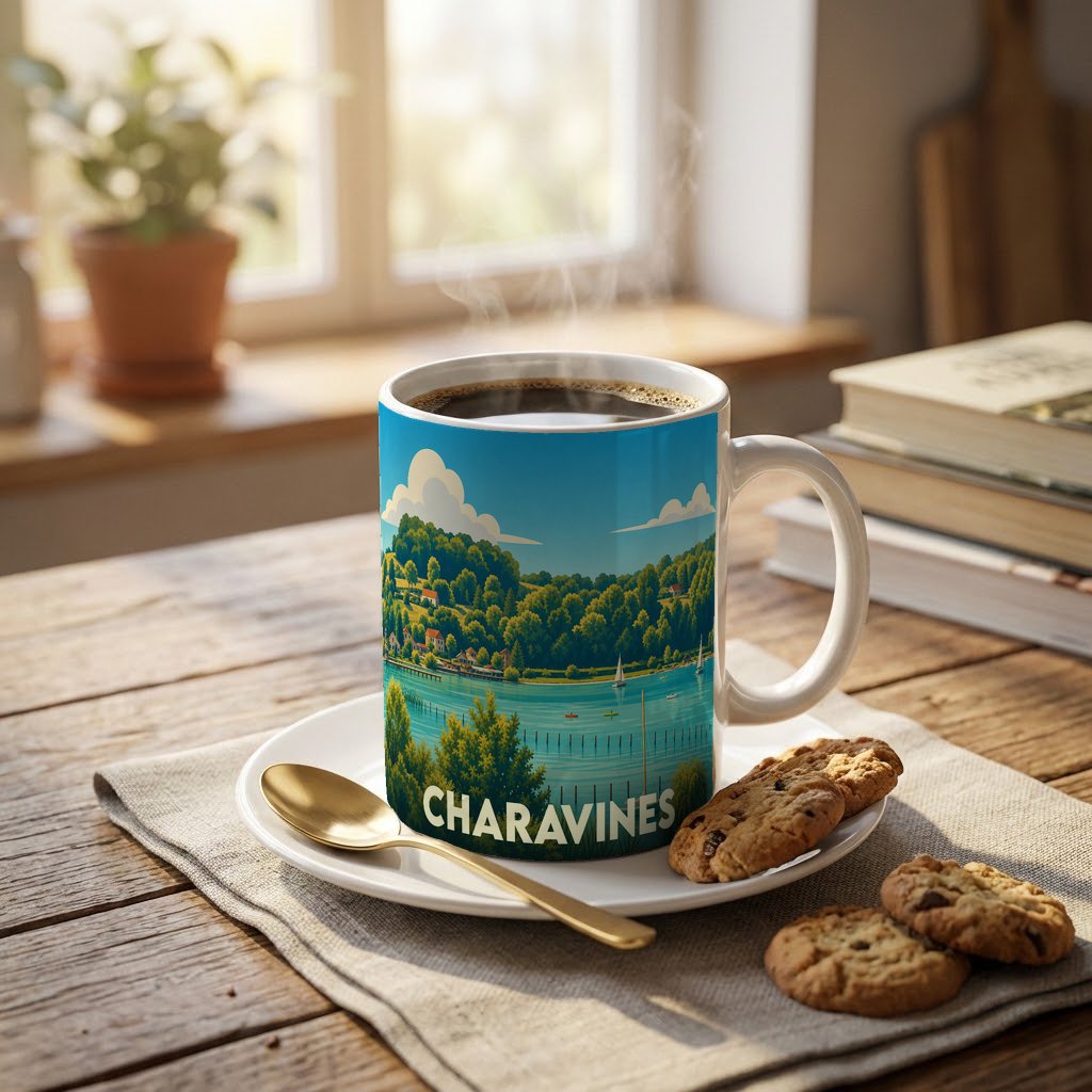 Mug souvenir de la ville de Charavines avec une illustration stylisée de son lac et de ses collines.