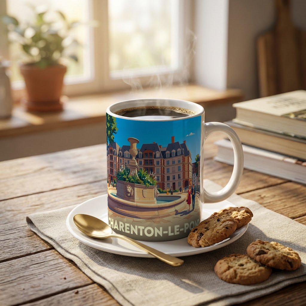 Mug souvenir de la ville de Charenton-le-Pont avec une illustration stylisée.