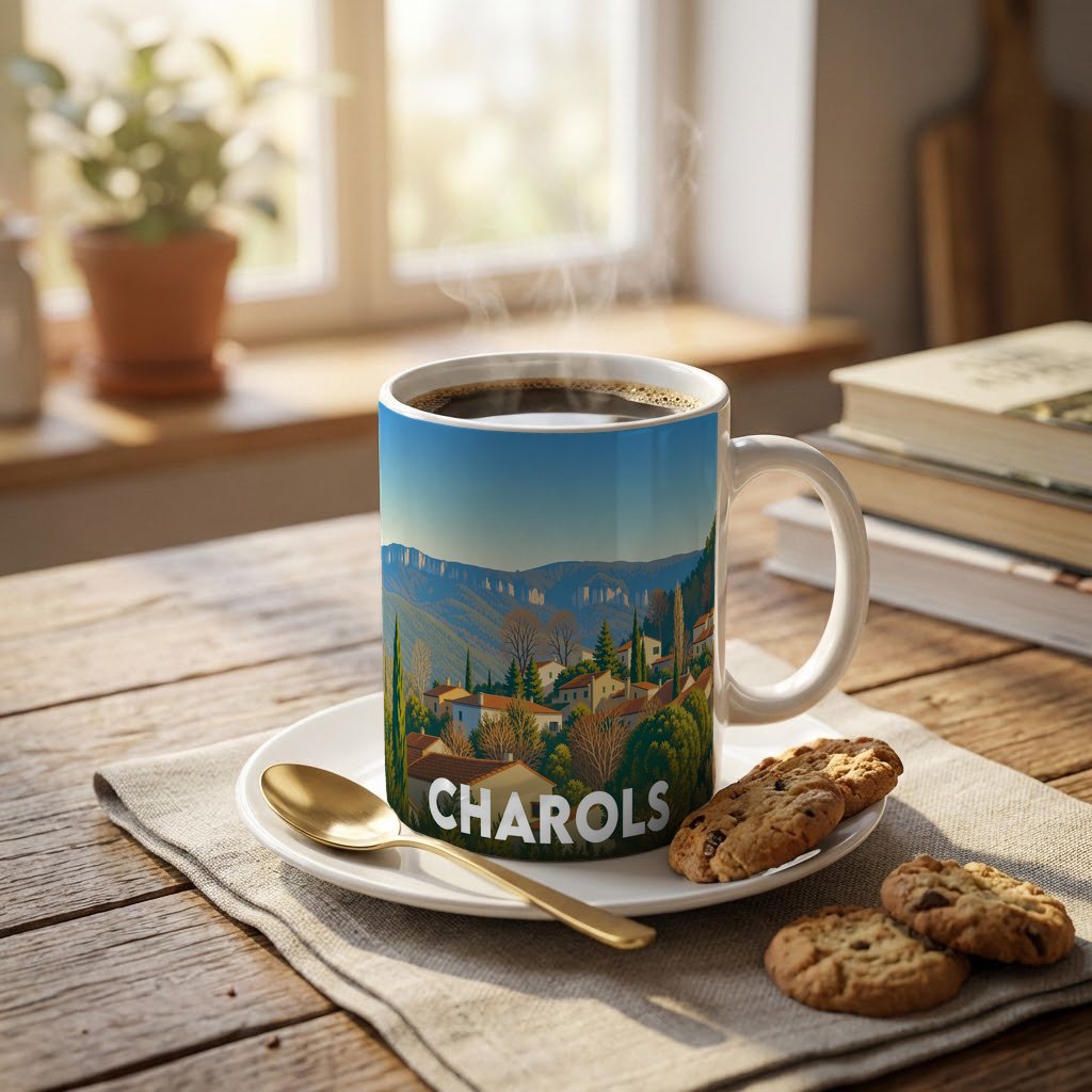 Mug souvenir de la ville de Charols avec une illustration stylisée de son paysage.