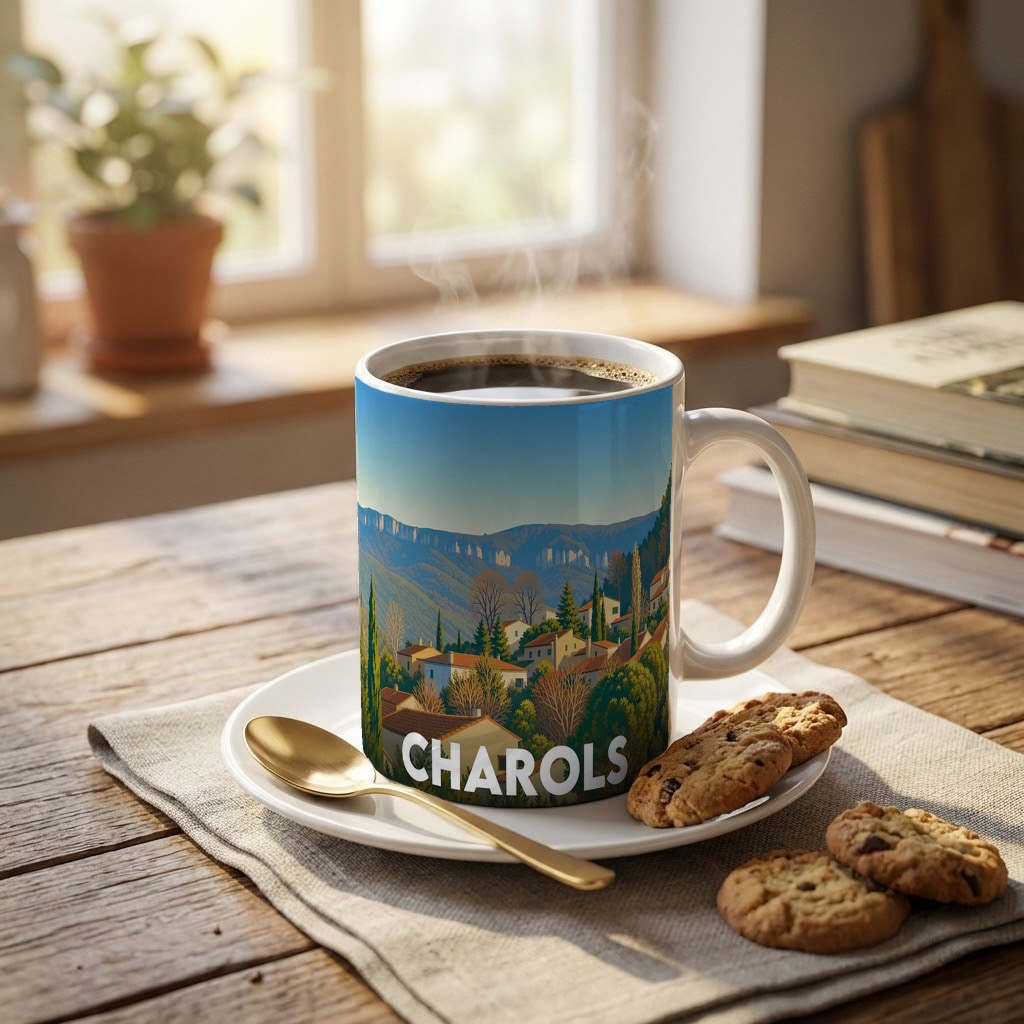 Mug souvenir de la ville de Charols avec une illustration stylisée de son paysage.