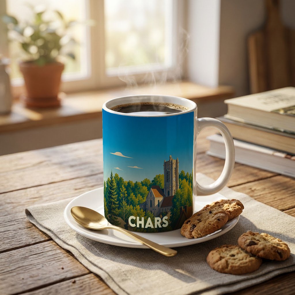 Mug souvenir de la ville de Chars avec une illustration stylisée de son église et de sa forêt.