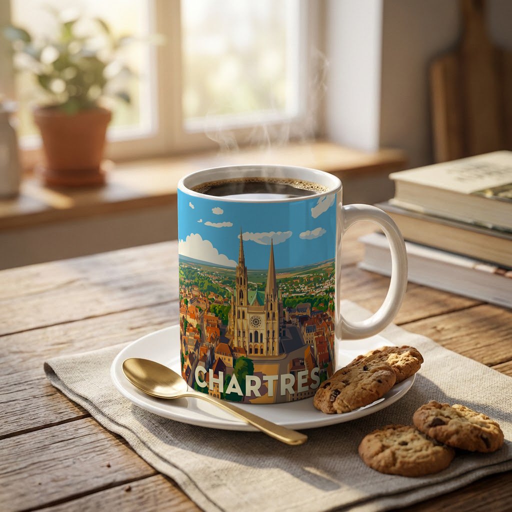 Mug souvenir de la ville de Chartres avec une illustration stylisée de sa cathédrale.