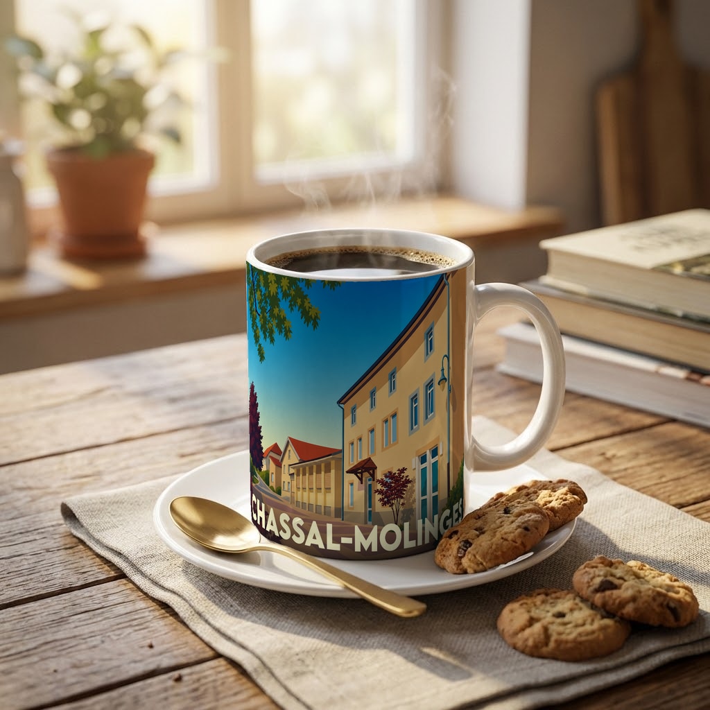 Mug souvenir de la ville de Chassal-Molinges avec une illustration stylisée d'un paysage urbain.