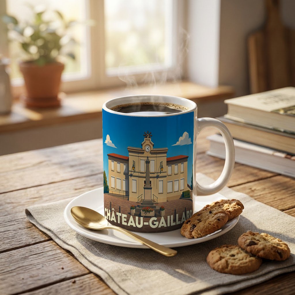 Mug souvenir de la ville de Château-Gaillard avec une illustration stylisée d'un bâtiment historique.