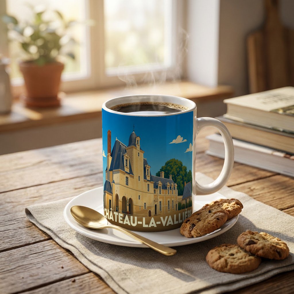 Mug souvenir de la ville de Château-la-Vallière avec une illustration stylisée de son château.