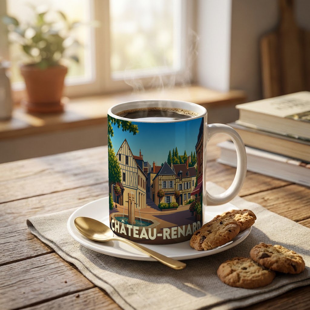 Mug souvenir de la ville de Château-Renard avec une illustration stylisée.