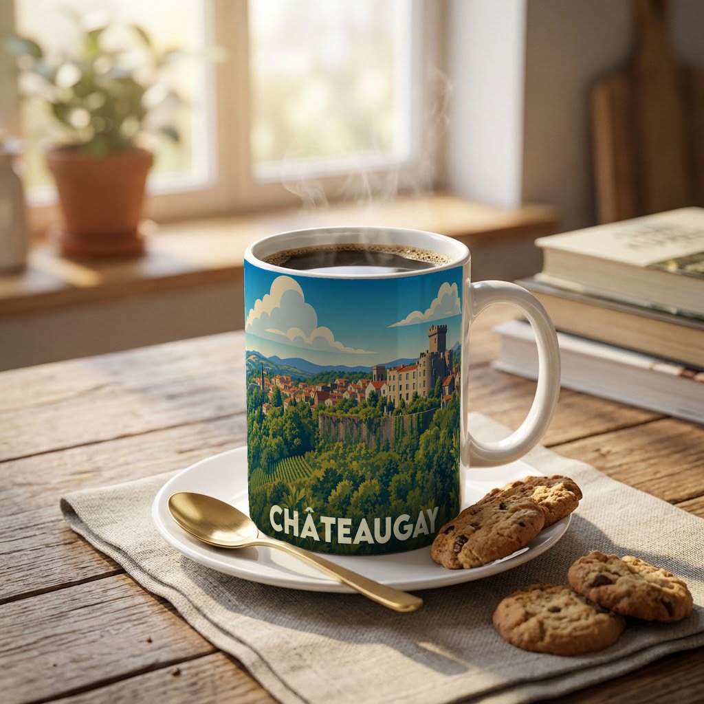 Mug souvenir de la ville de Châteaugay orné d'une illustration stylisée représentant son château et ses vignobles.