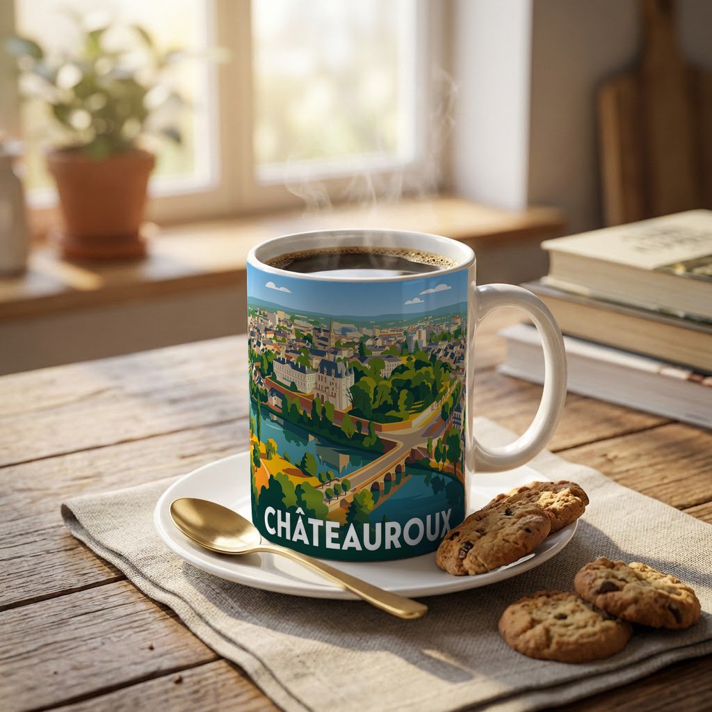Mug souvenir de la ville de Châteauroux avec une illustration stylisée.