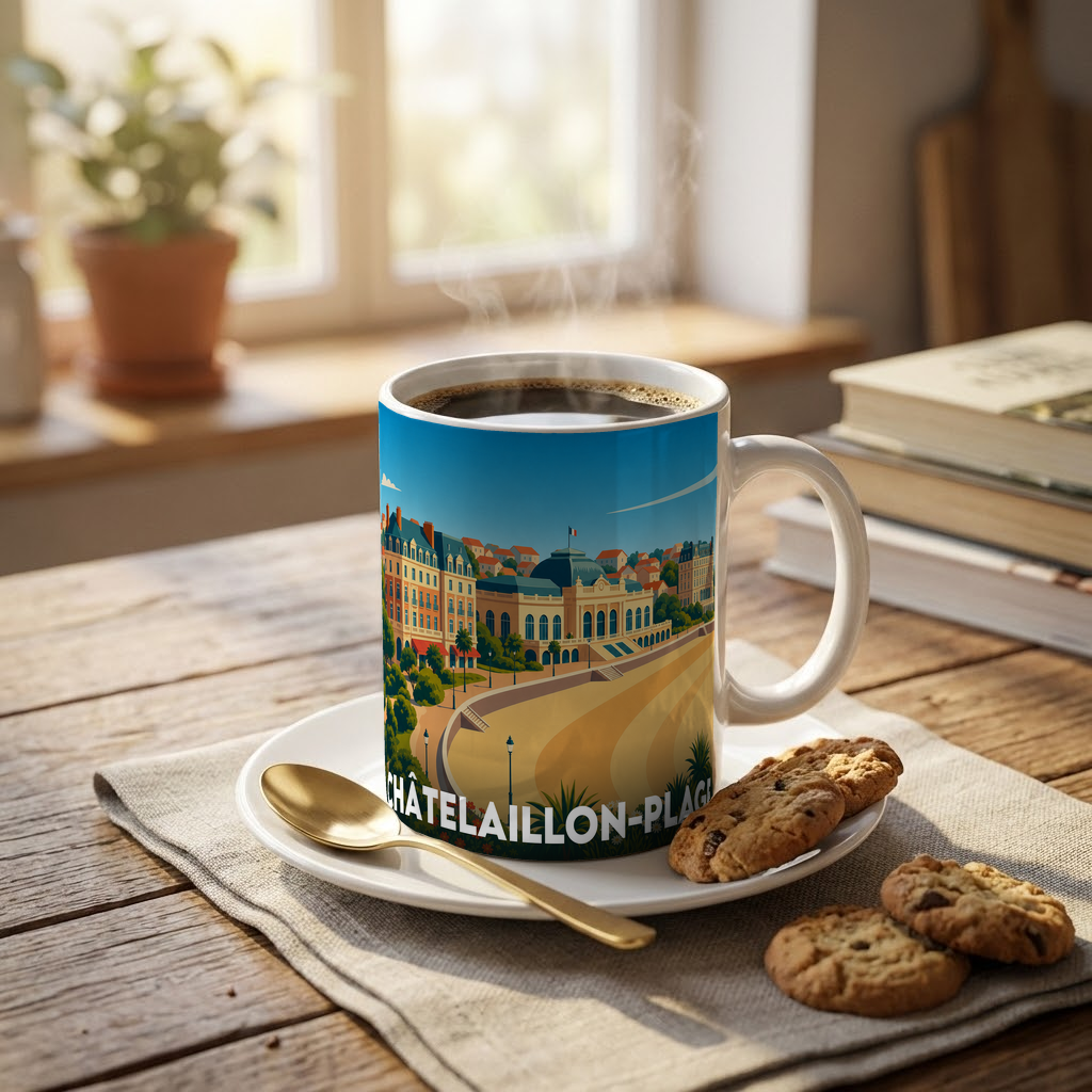 Mug souvenir de la ville de Châtelaillon-Plage orné d'une illustration stylisée du front de mer.