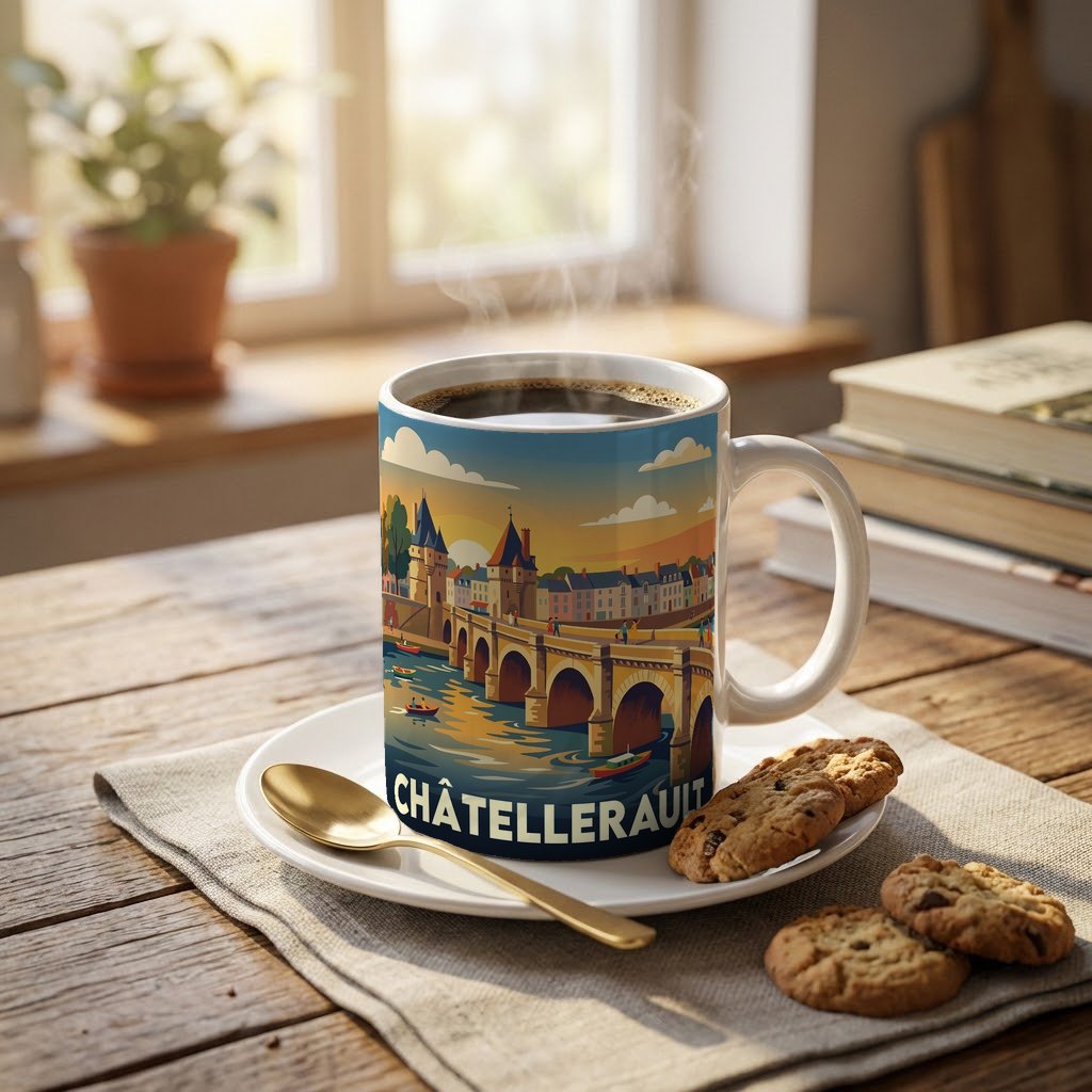 Mug souvenir de la ville de Châtellerault avec une illustration stylisée de son pont emblématique.