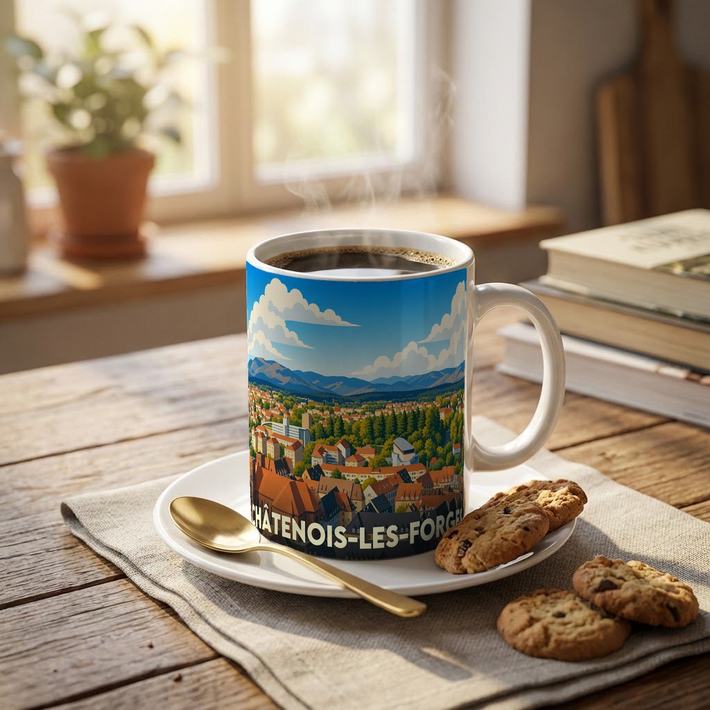 Mug souvenir de la ville de Châtenois-les-Forges avec une illustration panoramique stylisée.
