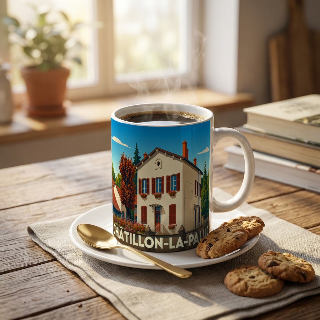 Mug souvenir de la ville de Châtillon-la-Palud avec une illustration stylisée d'une maison traditionnelle.